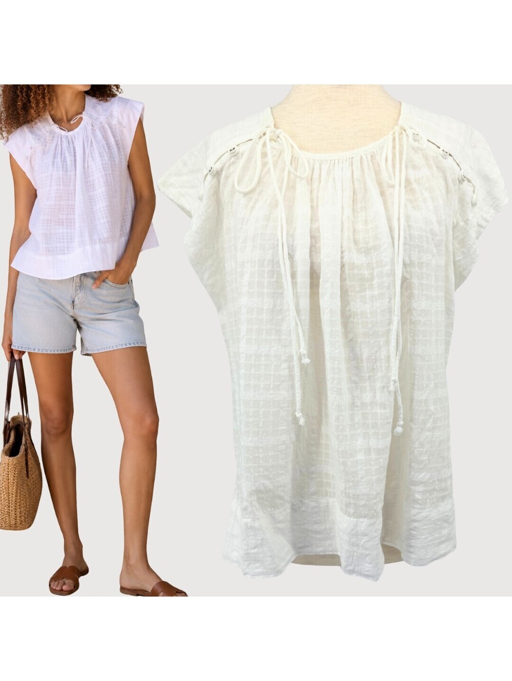 Mirth Malaga Top White Boxweave Cotton Tie Neck Blouse M